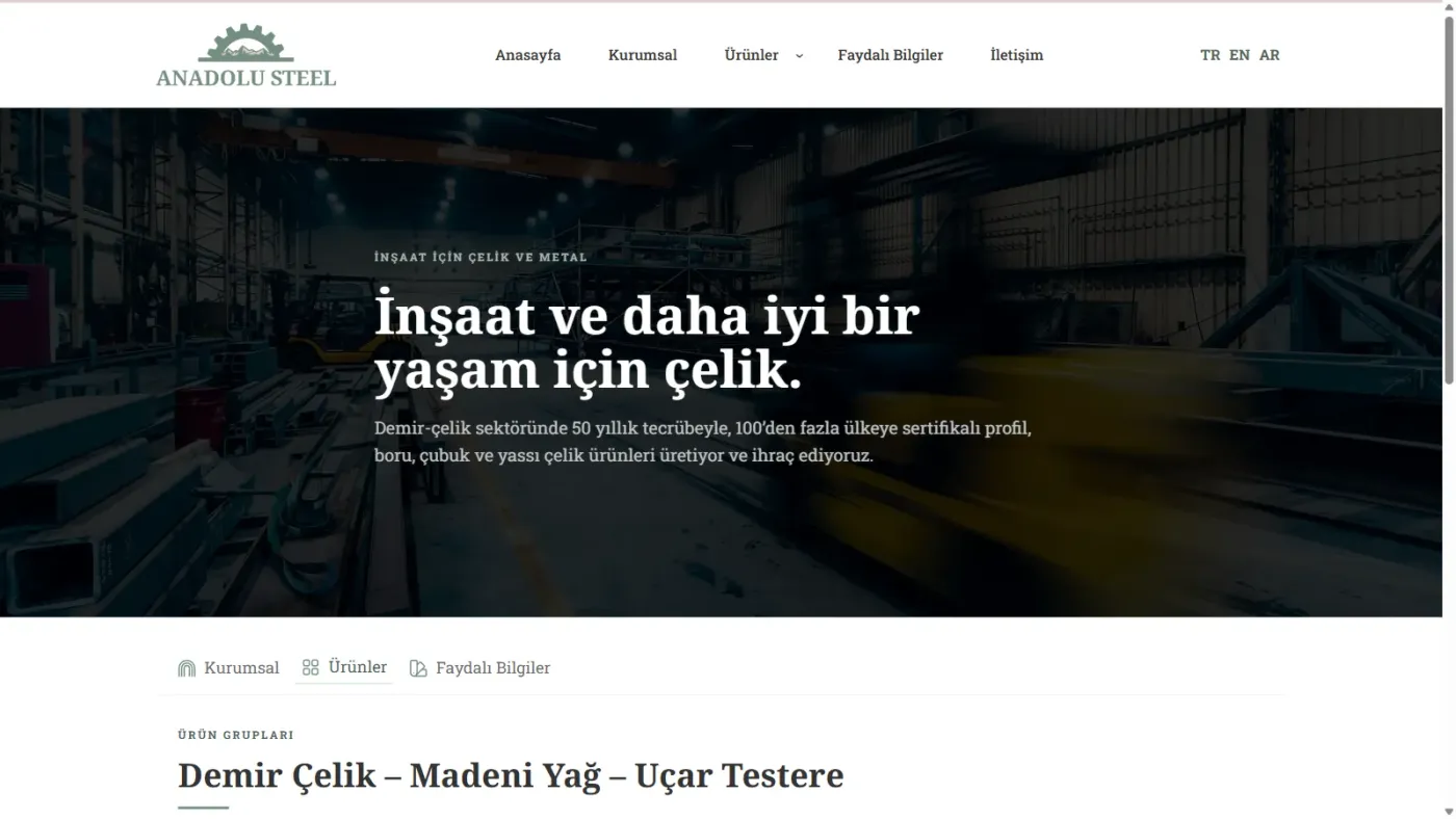 Anadolu Steel web sitesi anasayfa, masaüstü görünüm