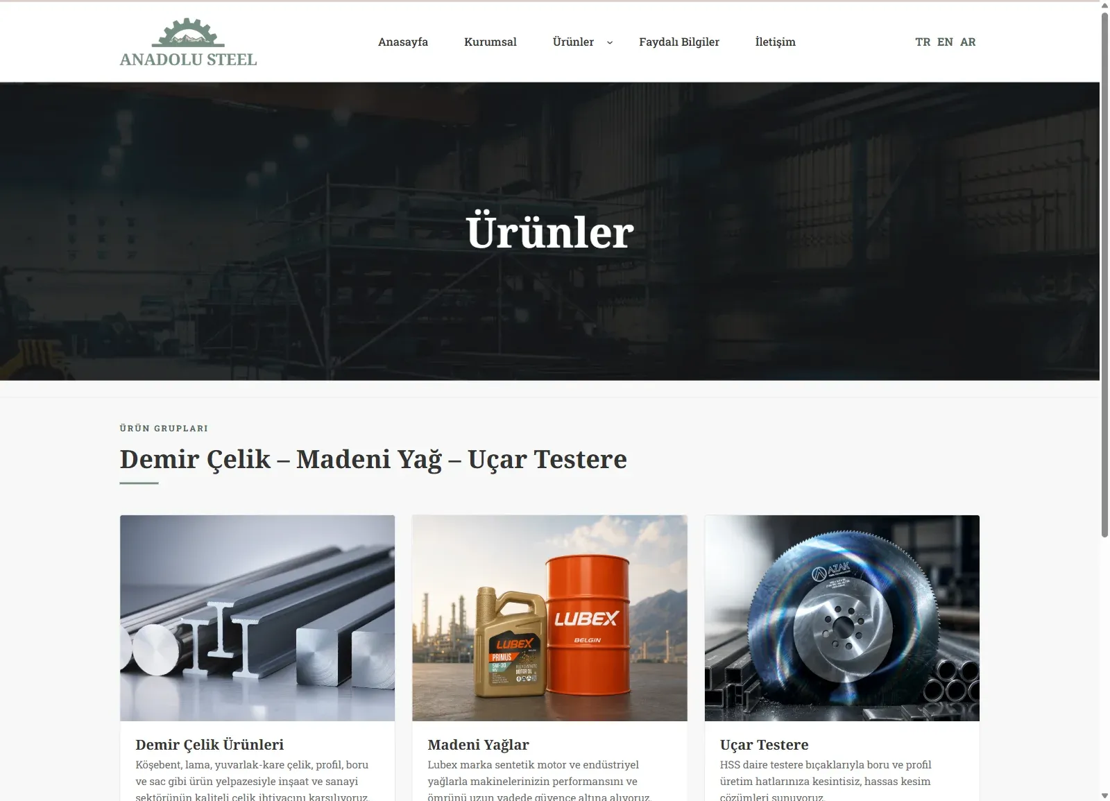 Anadolu Steel web sitesinde Ürünler sayfası; demir çelik, madeni yağ ve uçar testere ürün grubu kartları