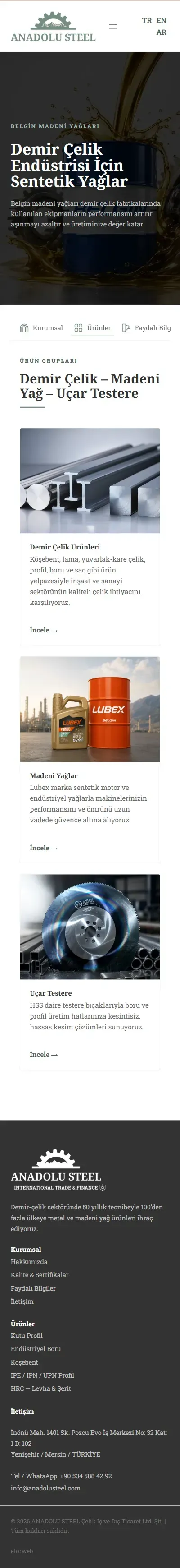Anadolu Steel web sitesi anasayfa, mobil görünüm