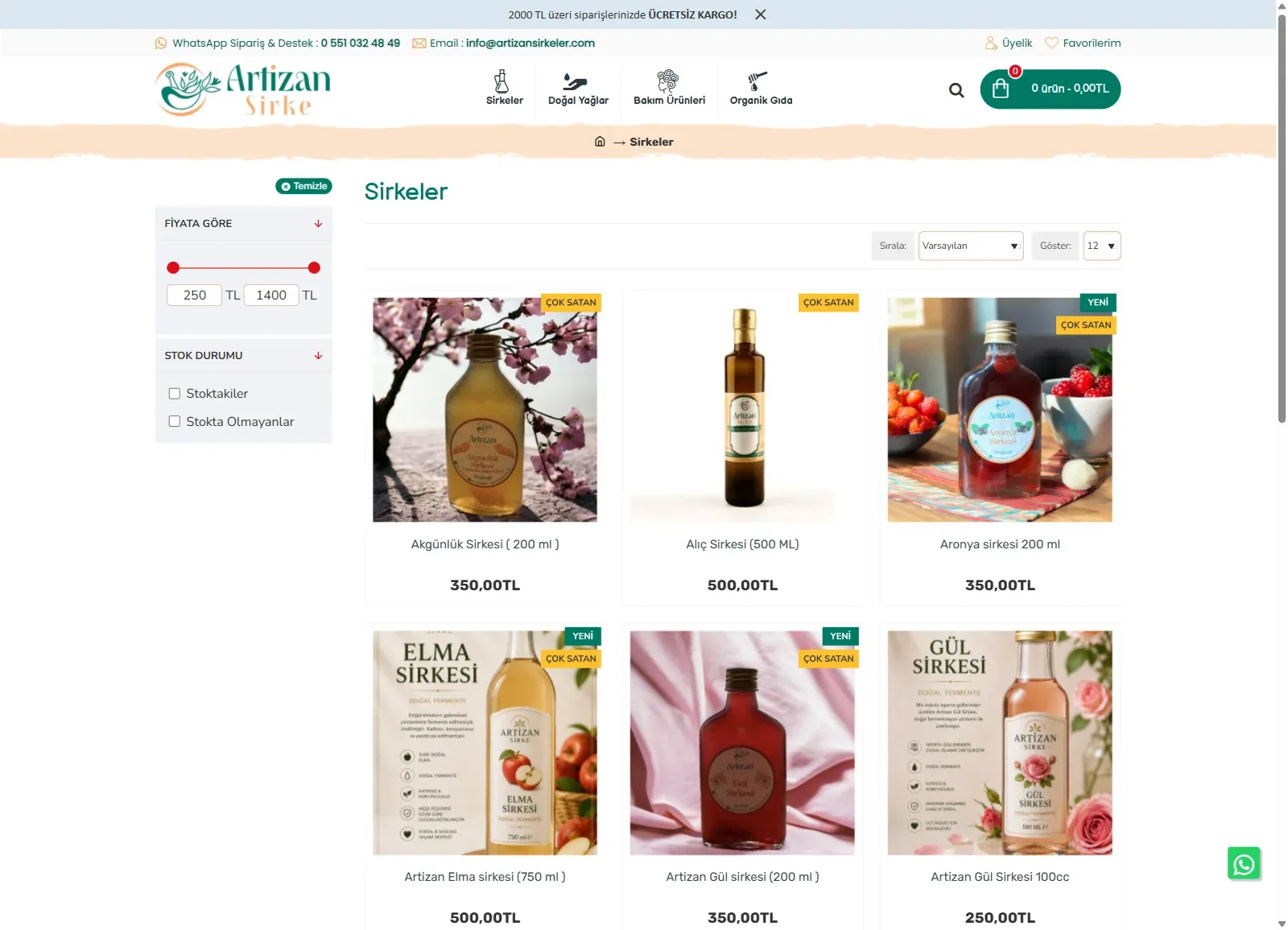 Artizan Sirke web sitesinde Sirkeler kategori sayfası; fiyat ve stok süzgeci, çok satan etiketli sirke ürünleri
