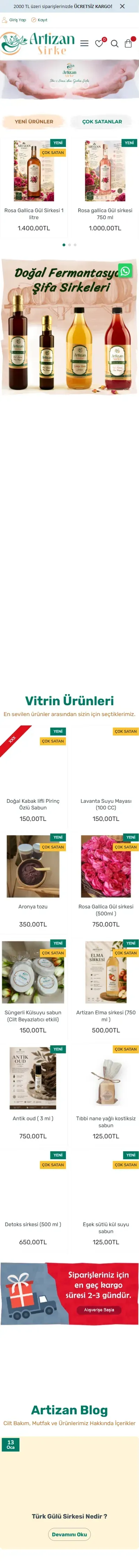 Artizan Sirke web sitesi anasayfa, mobil görünüm