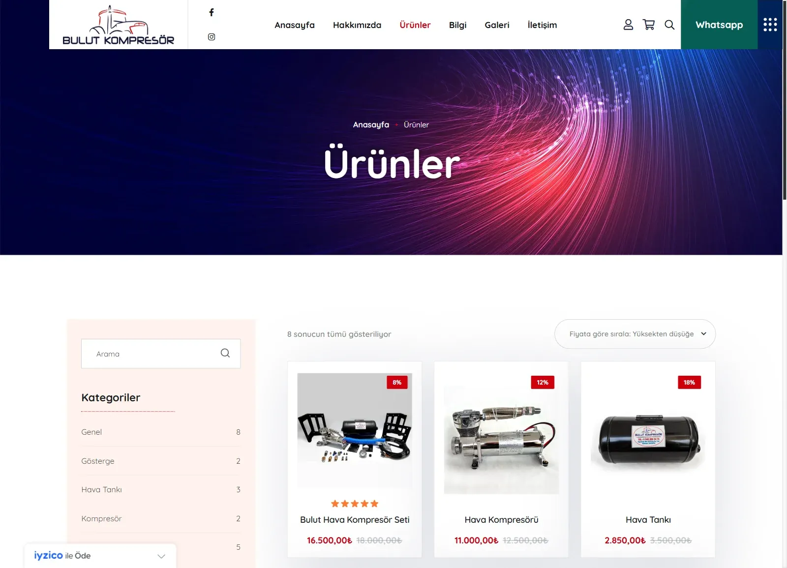 Bulut Kompresör web sitesinde Ürünler sayfası; kategori listesi, fiyat sıralaması ve kompresör ürün kartları