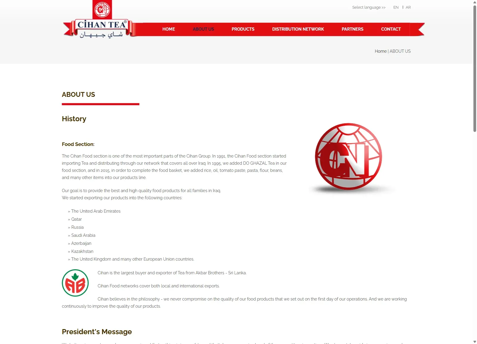 Cihan Tea web sitesinde About Us sayfası; firma tarihçesi ve ihracat yapılan ülkeler