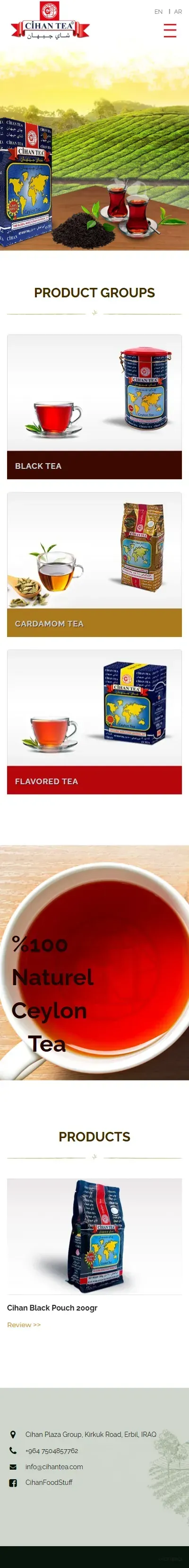 Cihan Tea web sitesi anasayfa, mobil görünüm