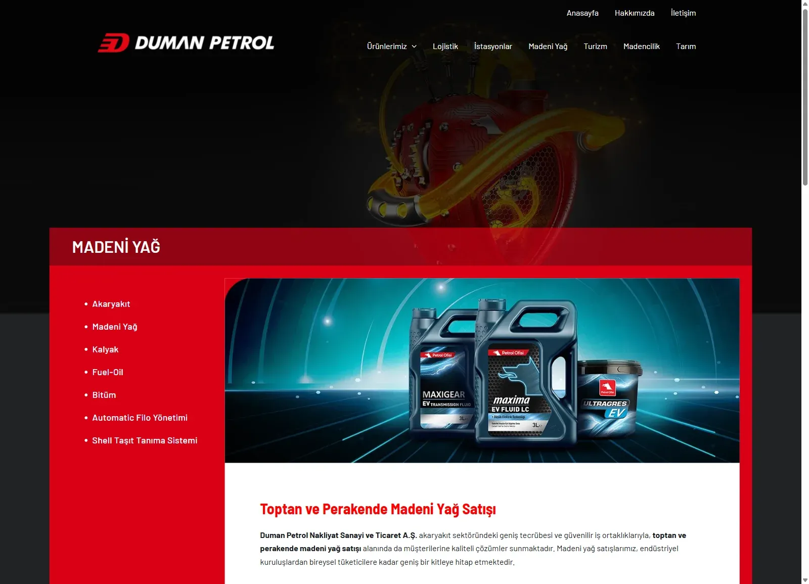 Duman Petrol web sitesinde Madeni Yağ sayfası; ürün menüsü ve toptan ve perakende madeni yağ satışı bölümü