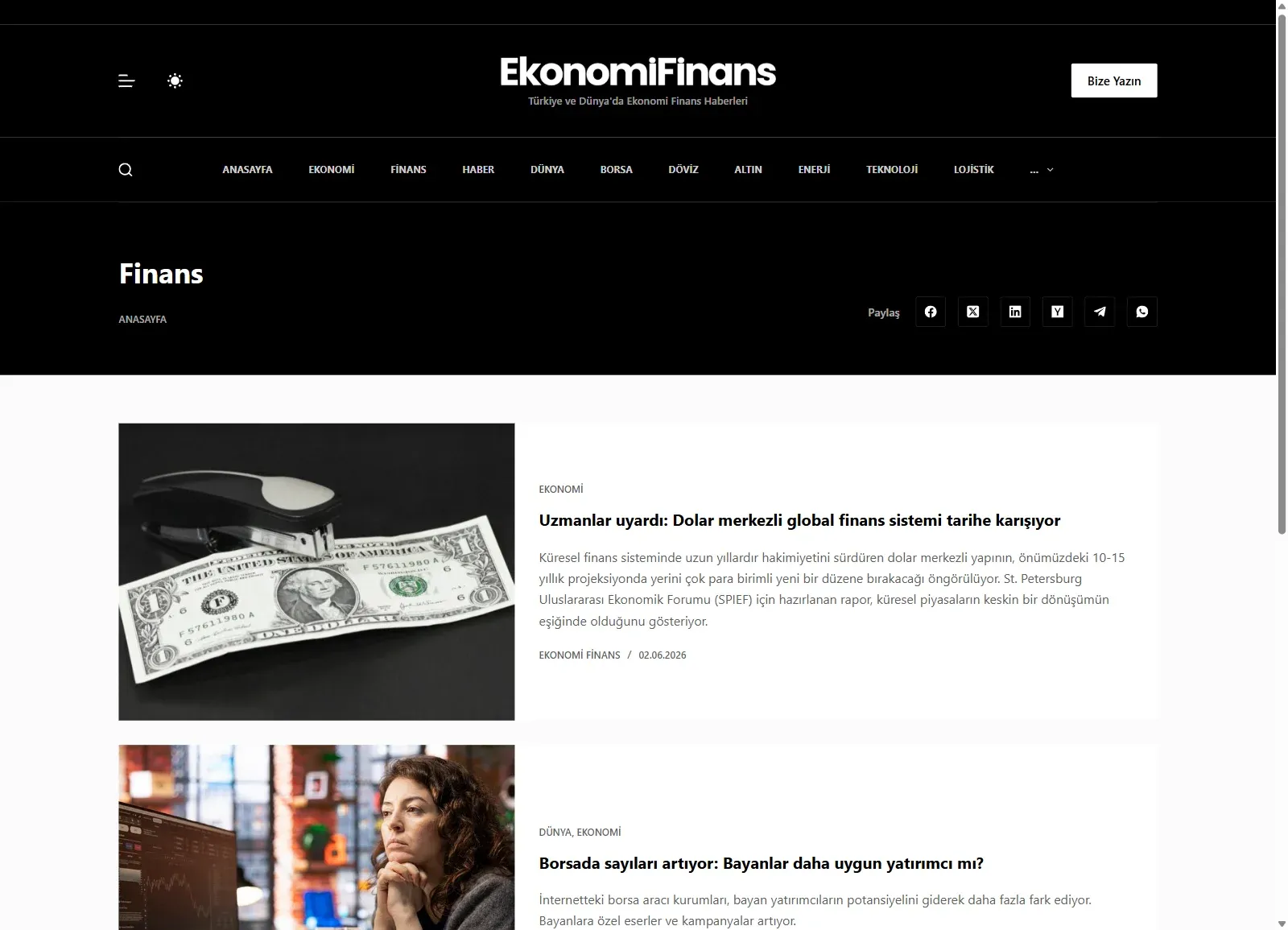Ekonomi Finans web sitesinde Finans kategori sayfası; paylaşım butonları ve haber kartları