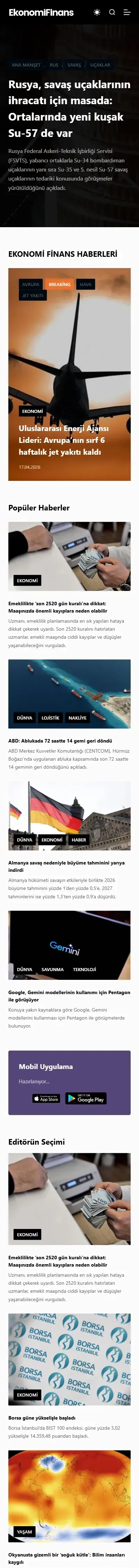 Ekonomi Finans web sitesi anasayfa, mobil görünüm