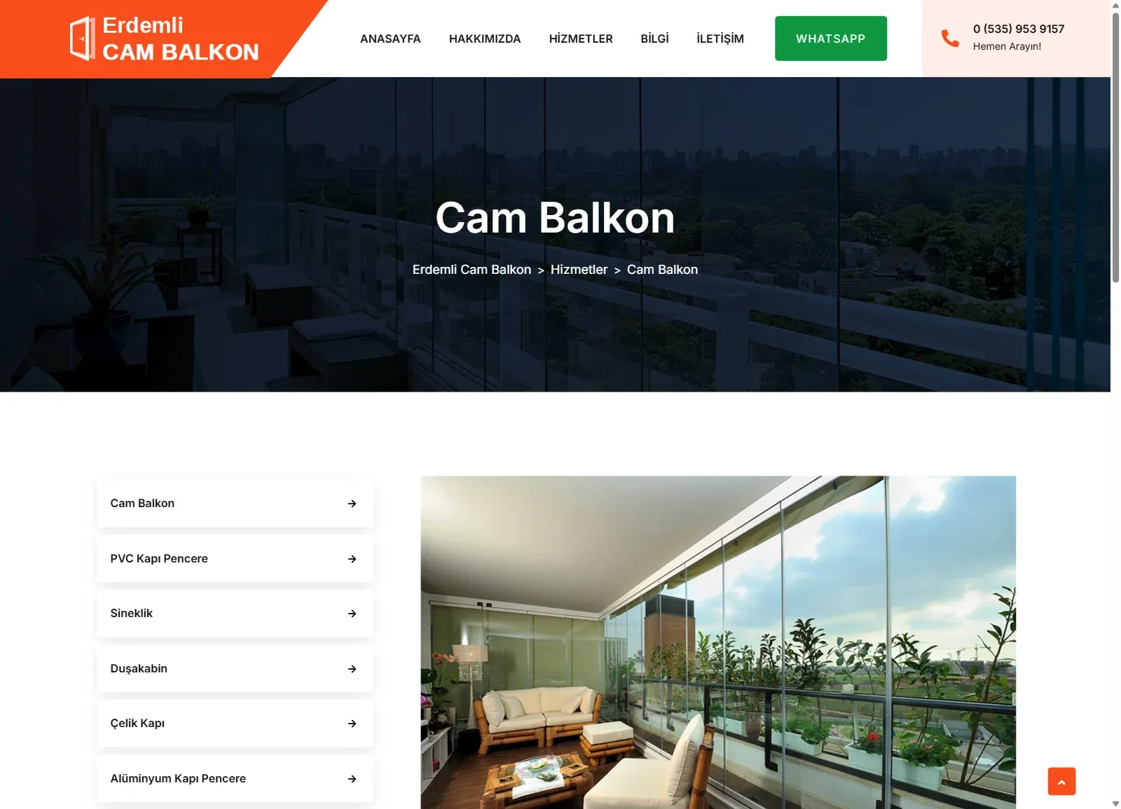 Erdemli Cam Balkon web sitesinde Cam Balkon sayfası; ürün menüsü ve cam balkon uygulama görseli