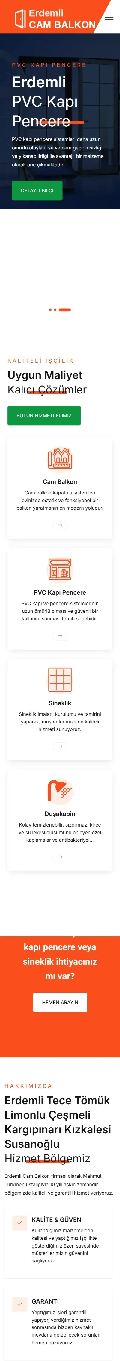 Erdemli Cam Balkon web sitesi anasayfa, mobil görünüm