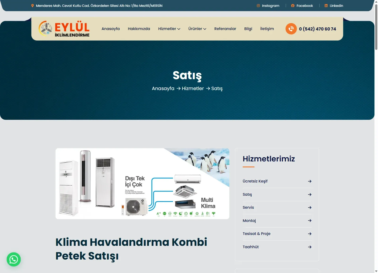 Eylül İklimlendirme web sitesinde Satış sayfası; hizmetler menüsü ve klima, havalandırma, kombi ürün tanıtımı
