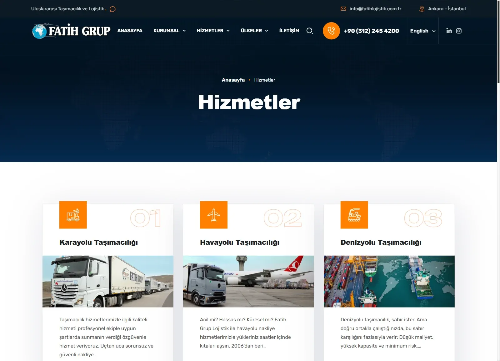 Fatih Grup web sitesinde Hizmetler sayfası; karayolu, havayolu ve denizyolu taşımacılığı kartları