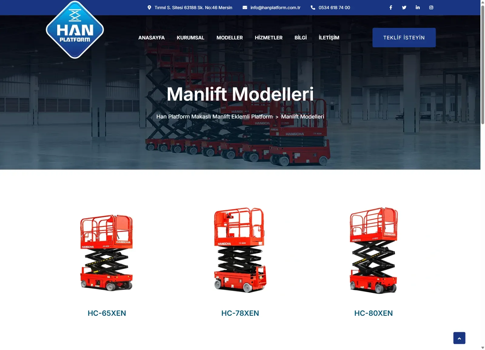 Han Platform web sitesinde Manlift Modelleri sayfası; makaslı platform modelleri ve Teklif İsteyin butonu