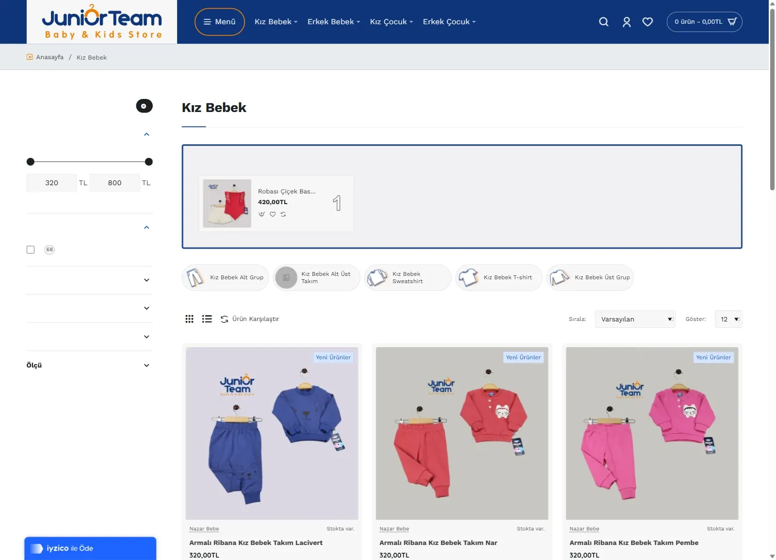 Junior Team web sitesinde Kız Bebek kategori sayfası; fiyat süzgeci, alt kategoriler ve ürün kartları