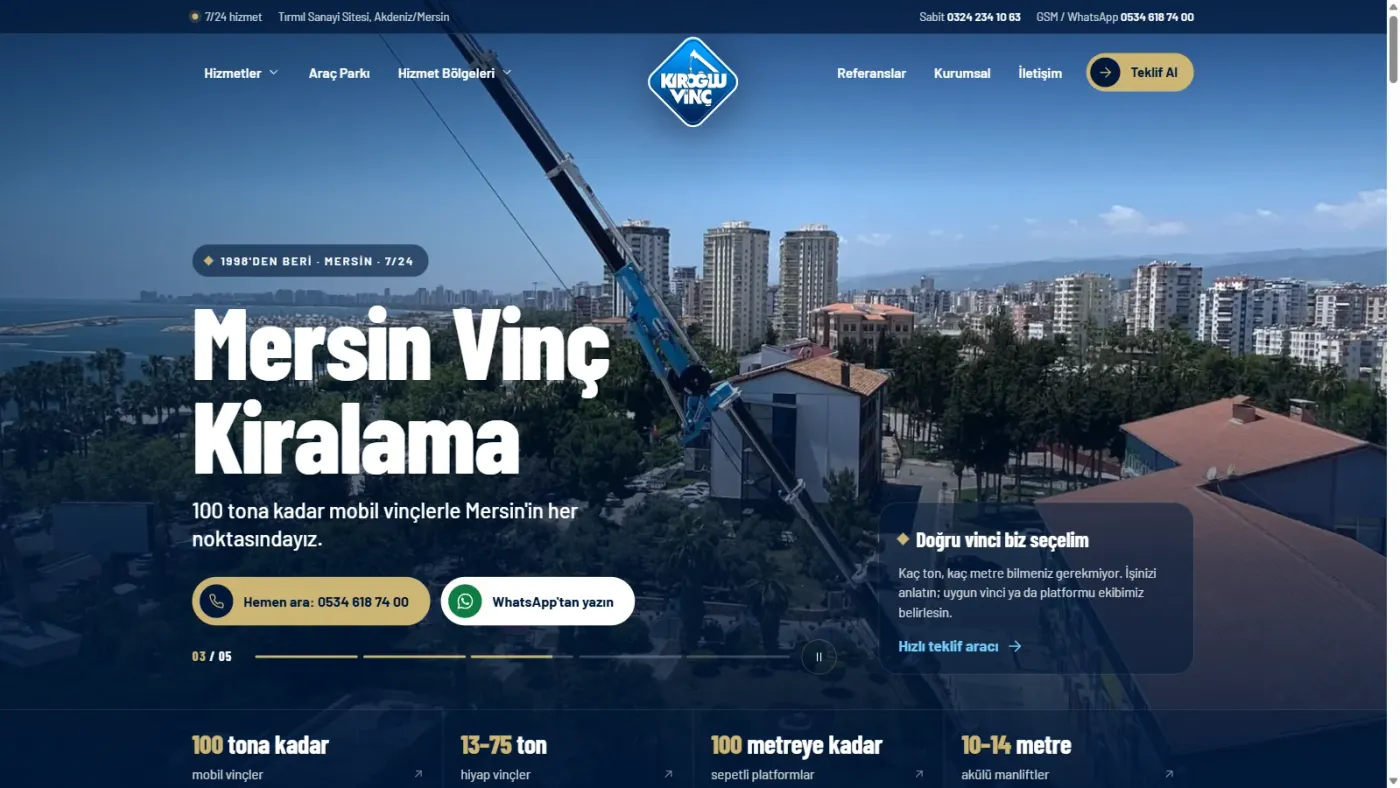 Kıroğlu Vinç web sitesi anasayfa, masaüstü görünüm