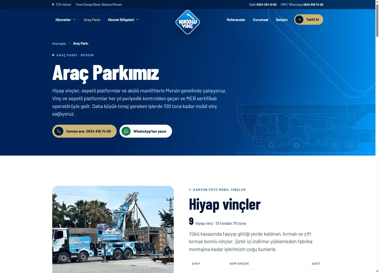 Kıroğlu Vinç web sitesinde Araç Parkı sayfası; hiyap vinçler bölümü, telefon ve WhatsApp butonları