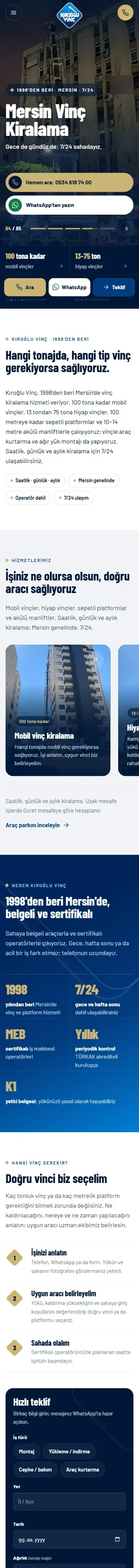 Kıroğlu Vinç web sitesi anasayfa, mobil görünüm