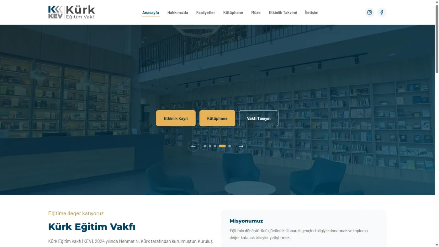 Kürk Eğitim Vakfı web sitesi anasayfa, masaüstü görünüm