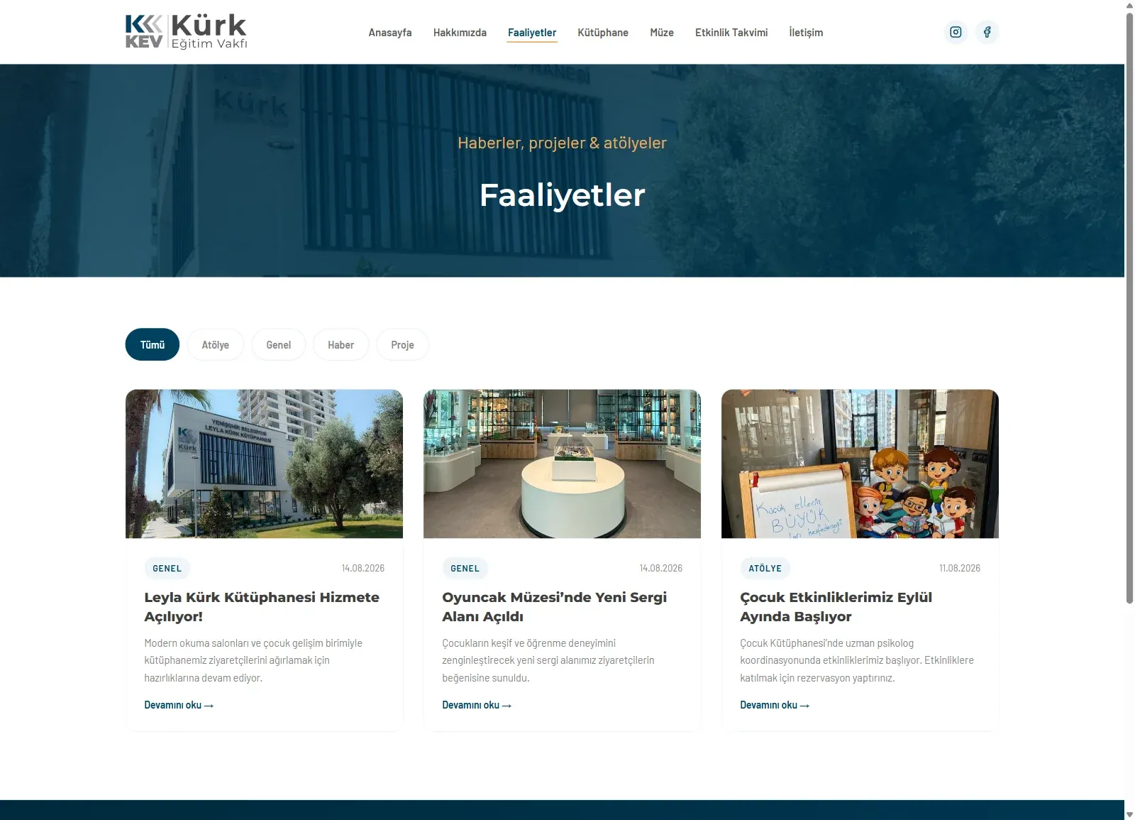Kürk Eğitim Vakfı web sitesinde Faaliyetler sayfası; atölye, haber ve proje süzgeçleriyle faaliyet kartları