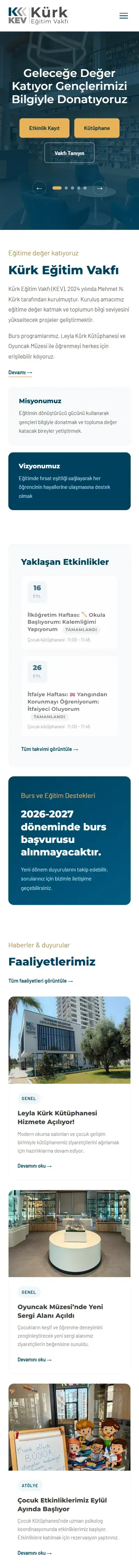 Kürk Eğitim Vakfı web sitesi anasayfa, mobil görünüm