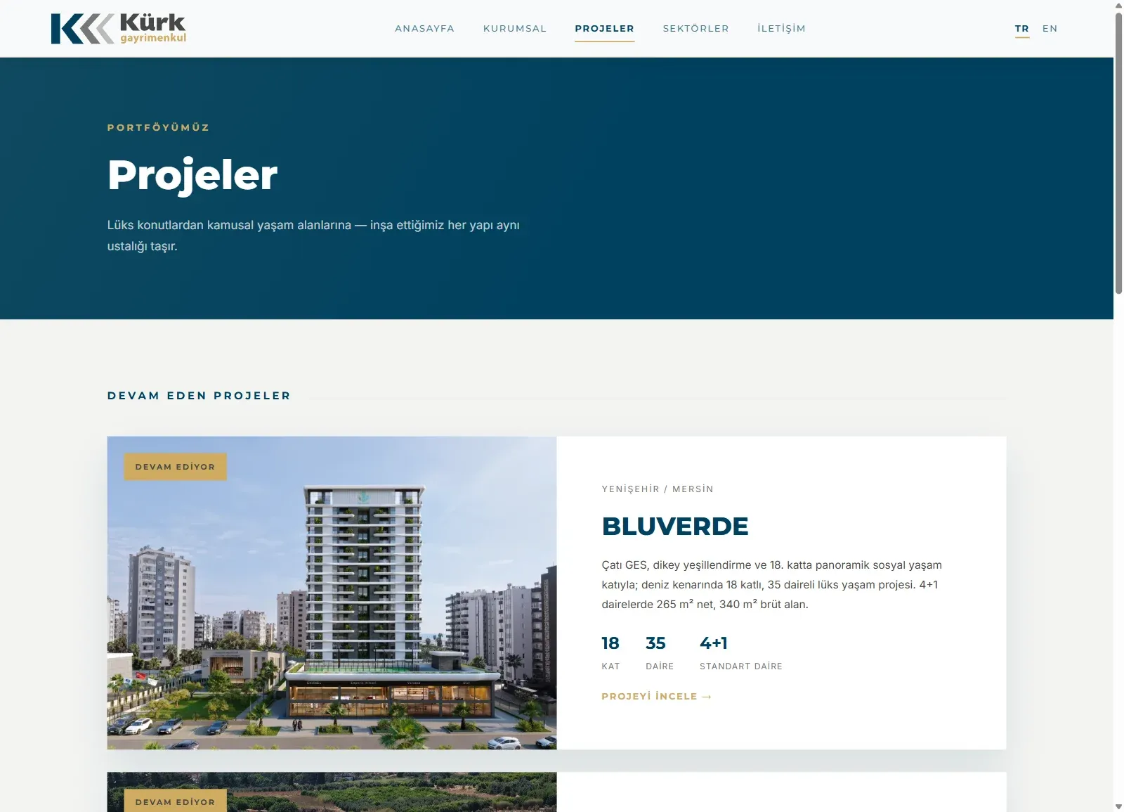 Kürk Gayrimenkul web sitesinde Projeler sayfası; BluVerde projesinin kat, daire ve daire tipi bilgileri