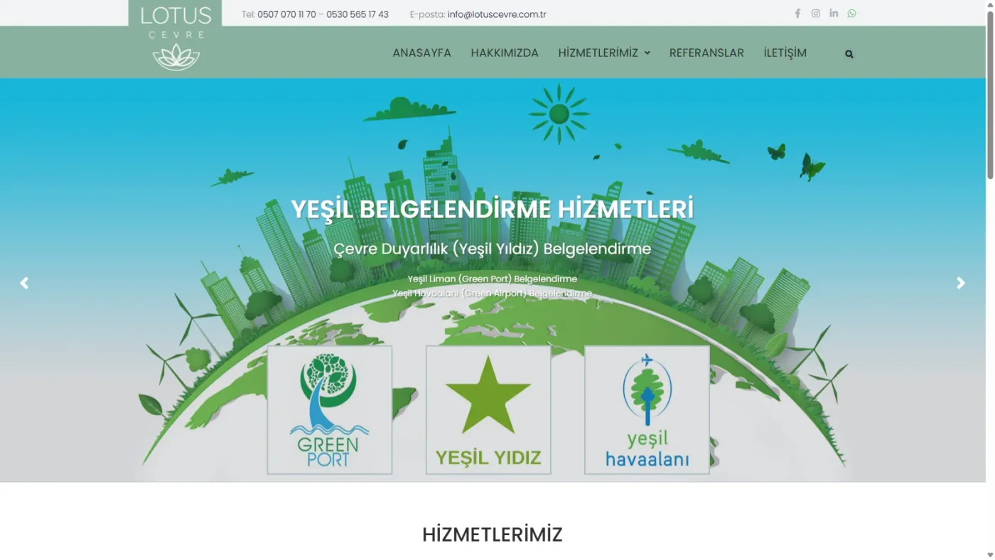 Lotus Çevre Danışmanlık web sitesi anasayfa, masaüstü görünüm