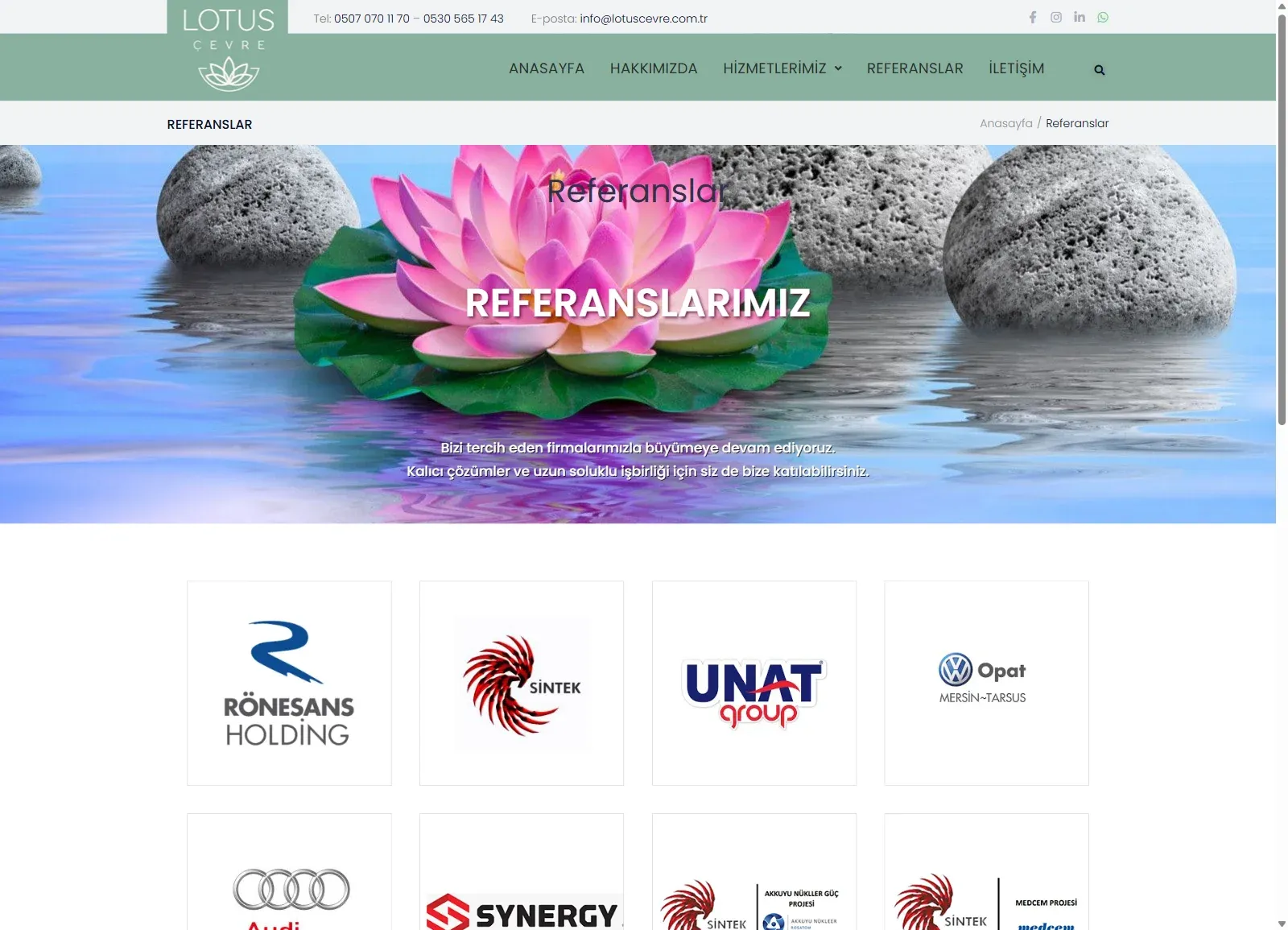 Lotus Çevre Danışmanlık web sitesinde Referanslarımız sayfası; danışmanlık verilen kurumların logoları