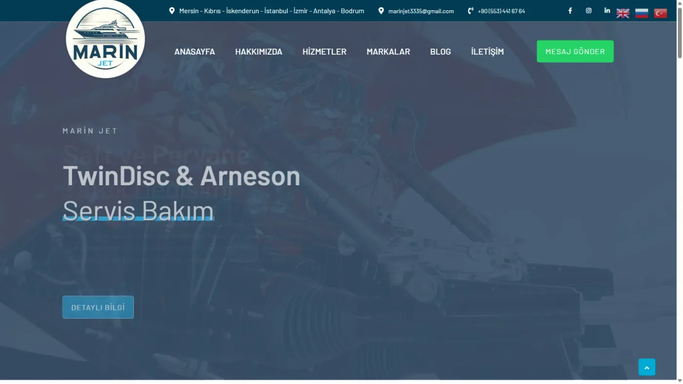 MarinJet web sitesi anasayfa, masaüstü görünüm