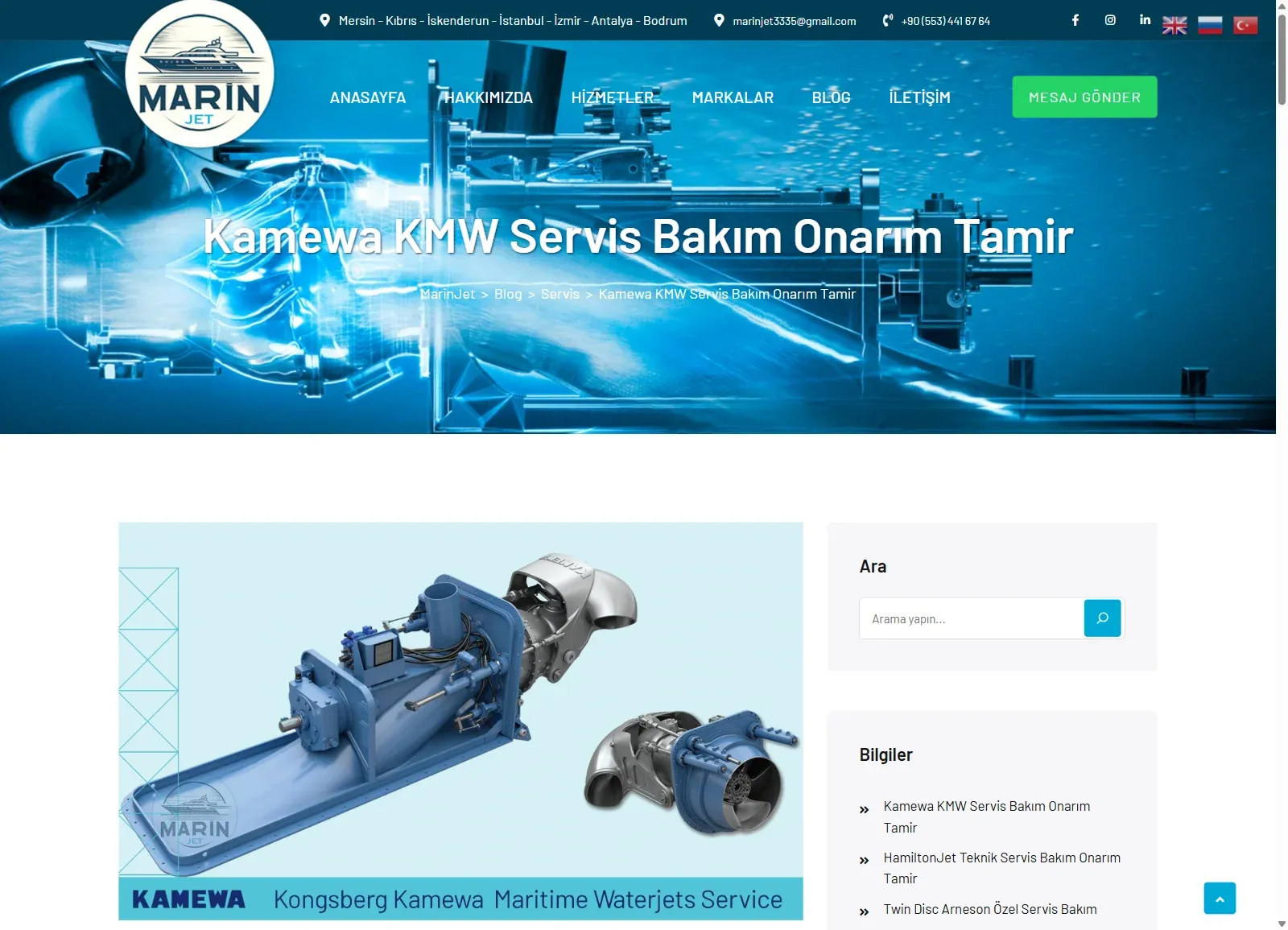 MarinJet web sitesinde servis bakım onarım yazısı; su jeti görseli ve ilgili servis yazıları listesi