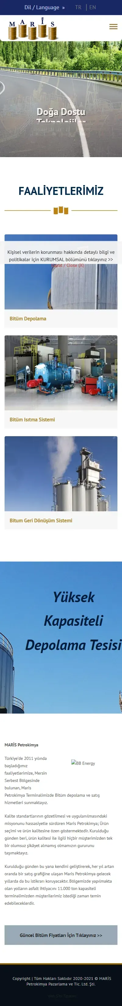 Maris Petrokimya web sitesi anasayfa, mobil görünüm
