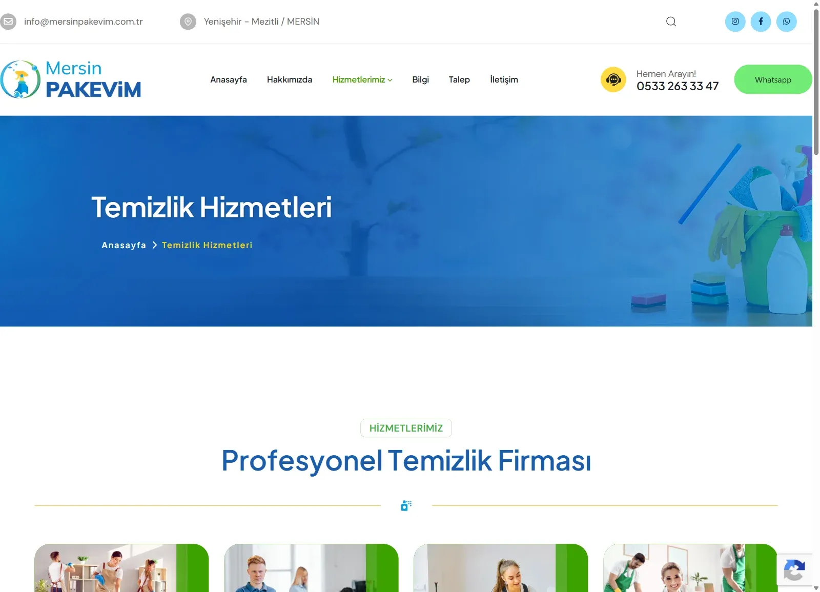 Mersin Pakevim web sitesinde Temizlik Hizmetleri sayfası; hizmetlerimiz bölümü, telefon ve WhatsApp butonları