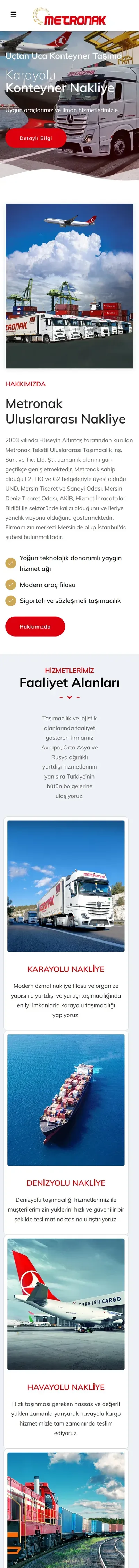 Metronak Uluslararası Taşımacılık web sitesi Türkçe anasayfa, mobil görünüm