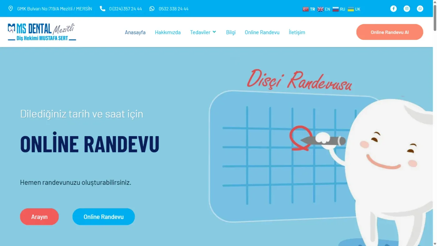 MS Dental Mezitli web sitesi anasayfa, masaüstü görünüm