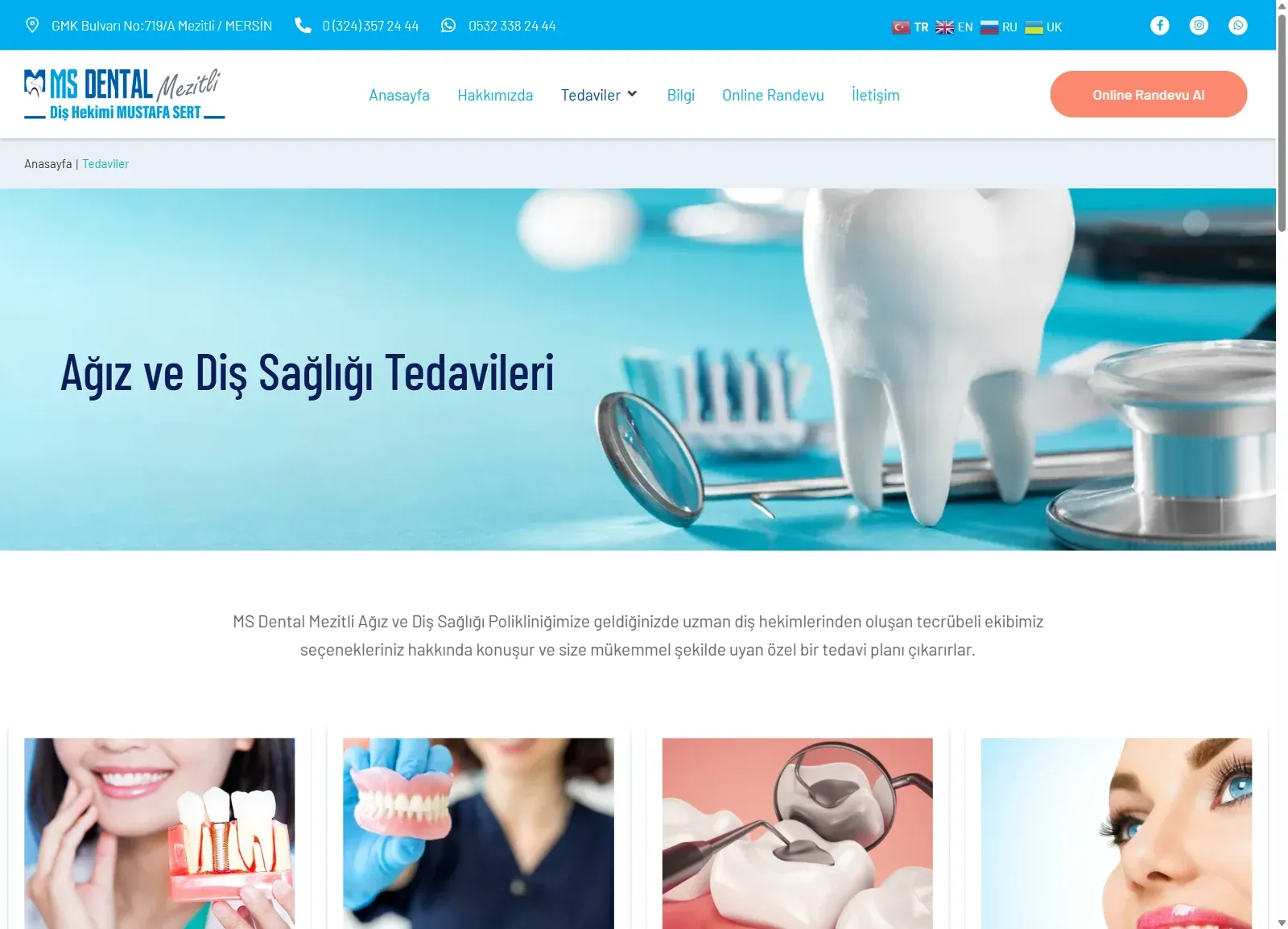 MS Dental Mezitli web sitesinde Ağız ve Diş Sağlığı Tedavileri sayfası; tedavi menüsü ve Online Randevu Al butonu