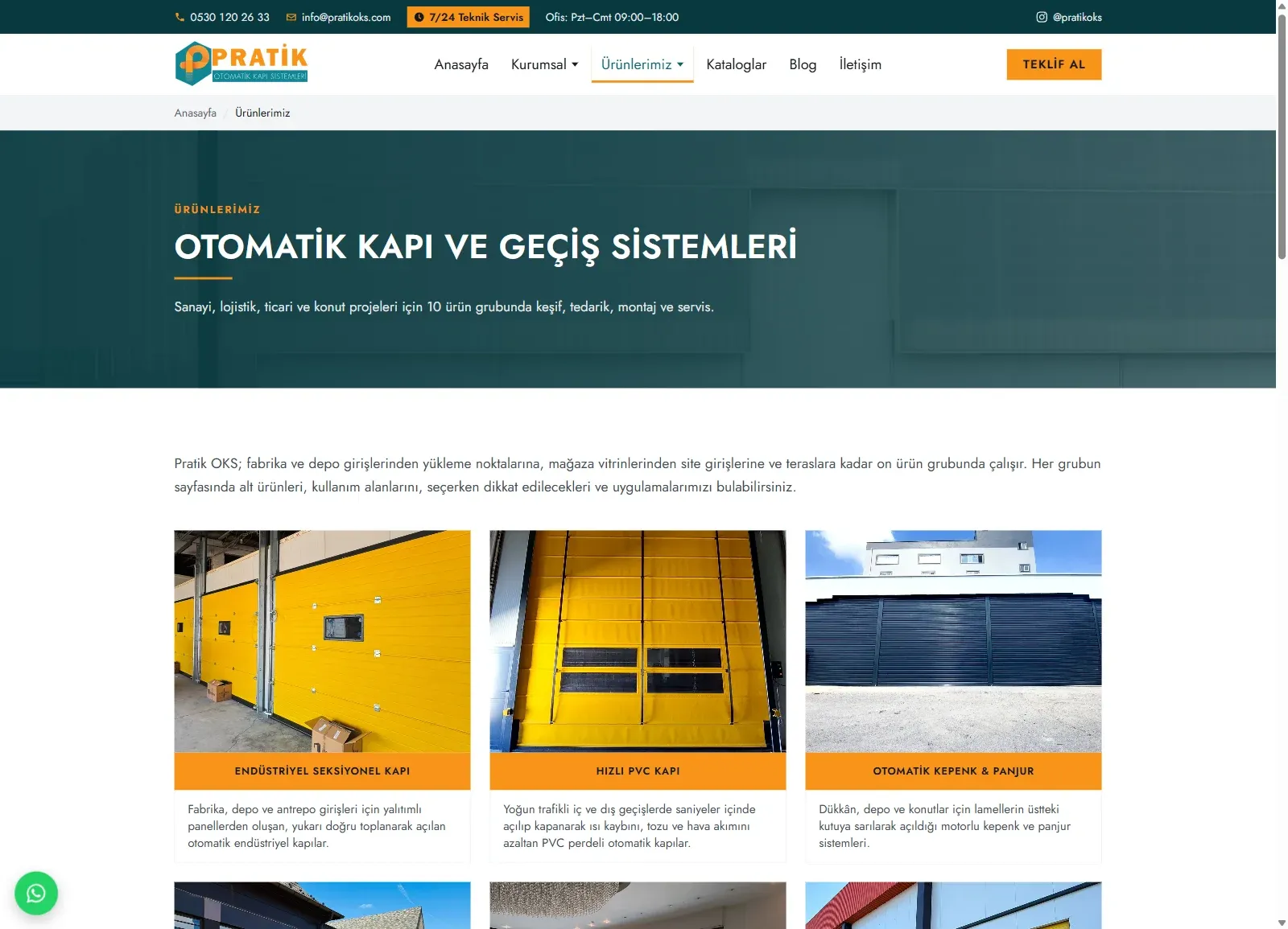 Pratik OKS web sitesinde Ürünlerimiz sayfası; endüstriyel seksiyonel kapı, hızlı PVC kapı ve otomatik kepenk ürün grubu kartları