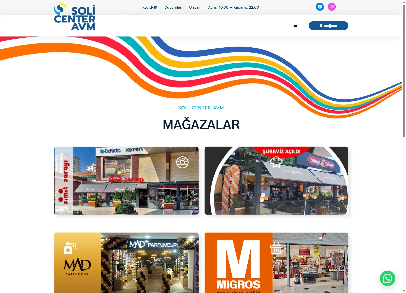 Soli Center AVM web sitesinde Mağazalar sayfası; mağaza cepheleri görselli kartlar