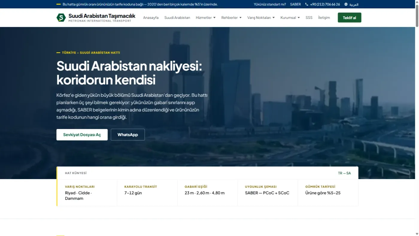 Suudi Arabistan Taşımacılık web sitesi anasayfa, masaüstü görünüm