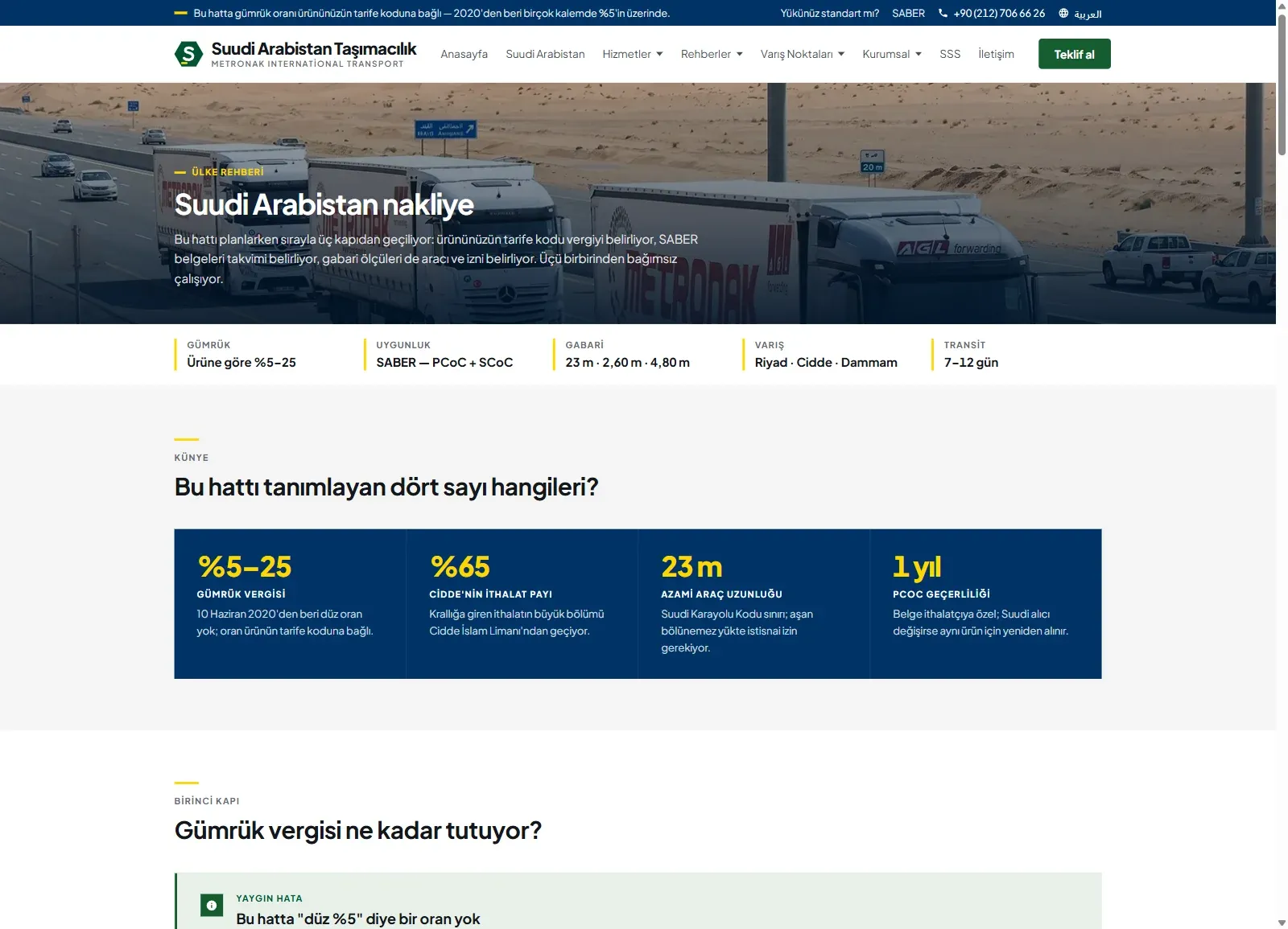 Suudi Arabistan Taşımacılık web sitesinde Suudi Arabistan nakliye sayfası; gümrük, uygunluk belgesi, gabari, varış ve transit süre bilgileri