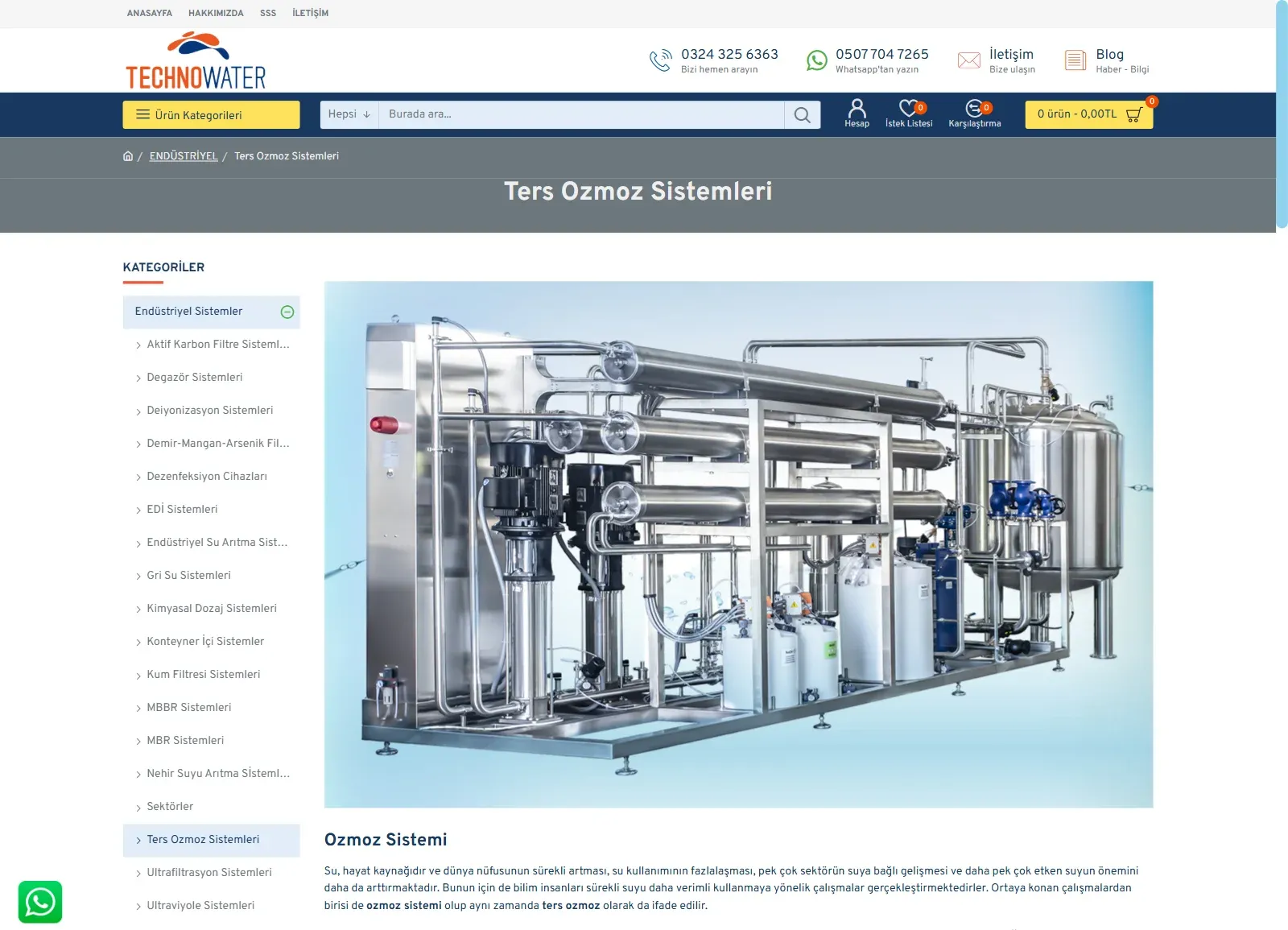 Technowater web sitesinde Ters Ozmoz Sistemleri sayfası; endüstriyel sistem kategorileri ve ozmoz sistemi görseli
