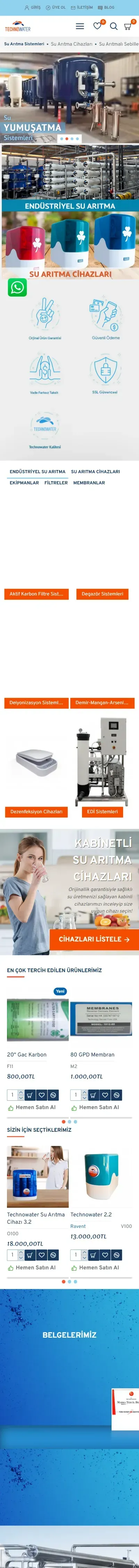 Technowater Su Arıtma web sitesi anasayfa, mobil görünüm